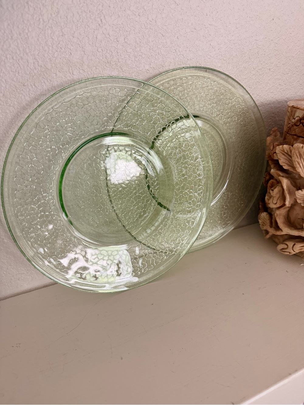 VTG Green Depression Uranium Glass Crackle Soup Pasta Bowls Set of 2